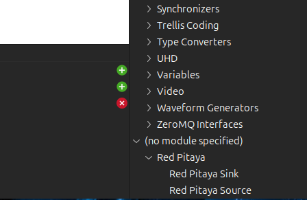 GNU Radio Companion palette showing the Red Pitaya source and sink blocks