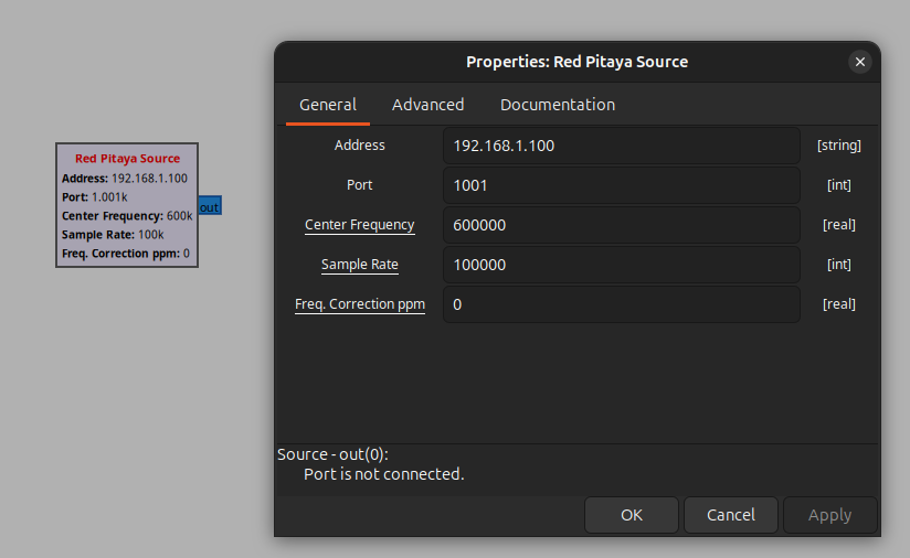 Red Pitaya source block parameters in GNU Radio Companion