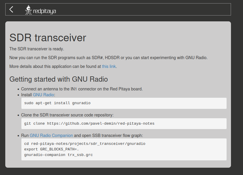 The SDR transceiver application on the Red Pitaya home page