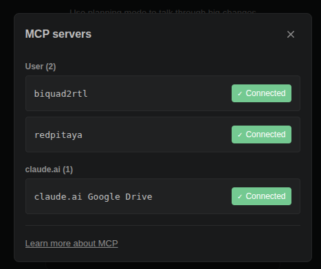 Claude Code MCP servers panel showing biquad2rtl and redpitaya both connected